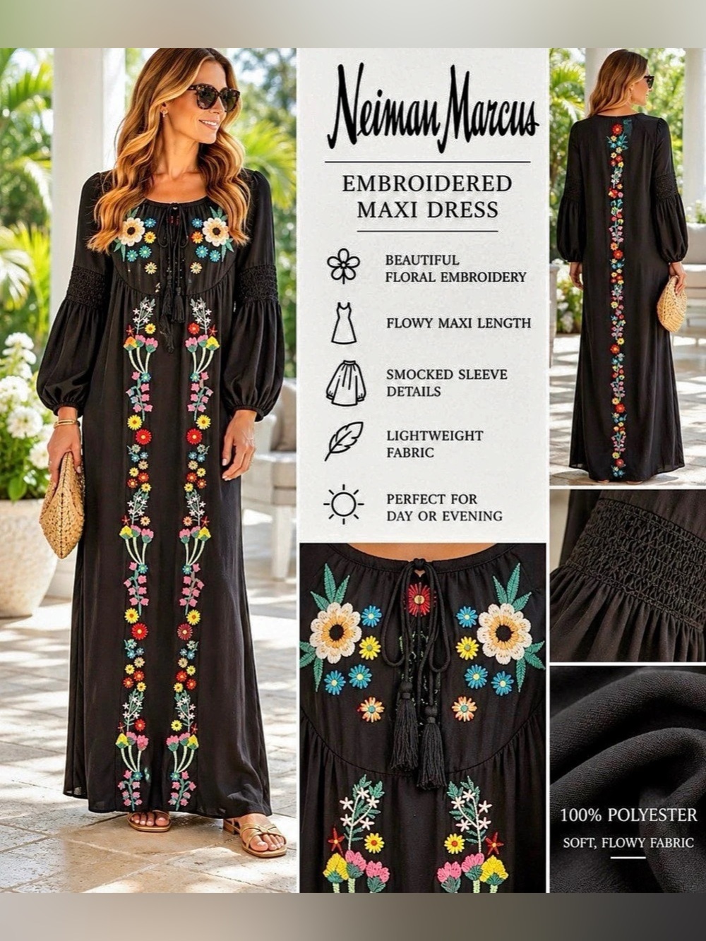 Neiman Marcus Embroidered Maxi Dress in Black Like New